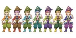6+boys baggy_pants blonde_hair blue_hair reference_sheet dwarf dwarf_(grimms_notes) green_eyes grimms_notes grimms_notes_the_animation hat kawashima_hisashi male_focus multiple_boys official_art orange_hair pants pink_hair red_hair short_hair simple_background smile solo white_background