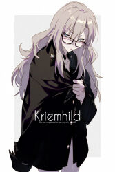 Rule 34 | 1girl, black shirt, blush, breasts, character name, collared shirt, cosplay, echo (circa), fate/grand order, fate (series), glasses, grey eyes, kriemhild (fate), large breasts, long hair, long sleeves, mole, mole under eye, open mouth, shirt, siegfried (fate), siegfried (fate) (cosplay), siegfried (super cool biz) (fate), solo, white hair