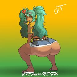 1girl animated animated_gif aqua_eyes aqua_hair ass ass_shake brazilian_miku crtimesnfsw dark-skinned_female dark_skin flip-flops hatsune_miku huge_ass jewelry looking_at_viewer looking_back sandals short_shorts shorts smile sunglasses sunglasses_on_head twerking vocaloid