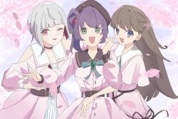 3girls :d blunt_bangs bob_cut brown_hair cherry_blossoms clenched_hand clothing_cutout colored_inner_hair commentary_request dream_believers dress falling_petals flower fujishima_megumi grey_hair hair_flower hair_ornament hug inverted_bob link!_like!_love_live! long_hair long_sleeves looking_at_viewer love_live! multicolored_hair multiple_girls open_mouth otomune_kozue petals pink_dress pink_eyes pink_petals puffy_long_sleeves puffy_sleeves purple_eyes purple_hair red_flower red_hair short_hair short_sleeves shoulder_cutout side_ponytail smile streaked_hair tassel tassel_hair_ornament two_side_up virtual_graduation_commemoration virtual_youtuber yugiri_tsuzuri zen66574227