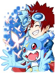 Rule 34 | absurdres, digimon, digimon (creature), fangs, goggles, goggles on head, highres, motomiya daisuke, naoki akamine, open mouth, red eyes, v-mon