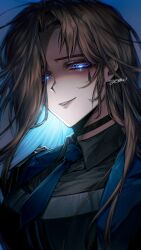 Rule 34 | 1girl, armor, black shirt, blue coat, blue eyes, blue necktie, breastplate, breasts, brown hair, coat, collared shirt, e.g.o (project moon), glowing, glowing eyes, highres, limbus company, lobotomy corporation, long hair, looking at viewer, necktie, open mouth, parted bangs, parted lips, project moon, rodion (project moon), shirt, shoulder armor, shoulder pads, smile, solo, teardrop facial mark, the sword sharpened with tears (e.g.o), unitaroukun
