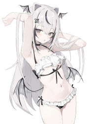 1girl animal_ears armpits arms_up bat_wings bikini black_bikini black_streaks breasts chestnut_mouth commission cowboy_shot double-parted_bangs front-tie_bikini_top front-tie_top grey_eyes hair_ornament head_wings highres light_blush long_hair looking_at_viewer low_wings multicolored_bikini multicolored_hair navel nihnfinite8 original ruffle_bikini side-tie_bikini_bottom simple_background small_breasts solo standing stomach streaked_hair swimsuit two-tone_bikini underboob very_long_hair white_background white_bikini white_hair wings