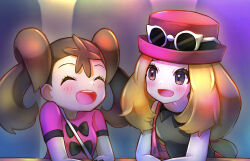 2girls :d absurdres bag black_shirt blonde_hair blush closed_eyes eyelashes eyewear_on_headwear hat highres long_hair looking_at_another meta-g_(curc8737) multiple_girls nintendo open_mouth pink_shirt pokemon pokemon_xy serena_(pokemon) shauna_(pokemon) shirt short_sleeves shoulder_bag sleeveless sleeveless_shirt smile sunglasses twintails upper_body