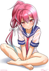 1girl barefoot blue_sailor_collar commentary_request dated hair_ribbon i-168_(kancolle) indian_style kantai_collection long_hair looking_at_viewer neckerchief no_pants one-hour_drawing_challenge ponytail ray.s red_eyes red_hair red_neckerchief ribbon sailor_collar sailor_shirt school_uniform see-through_clothes serafuku shirt simple_background sitting solo twitter_username v_arms wet wet_clothes white_background