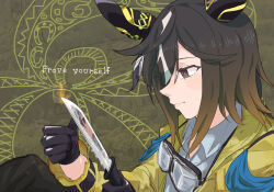 1girl 4me_4ma animal_ears black_gloves brown_hair coat collared_shirt commentary ear_covers english_commentary gloves goggles goggles_around_neck highres holding holding_knife horse_ears horse_girl knife long_hair multicolored_hair shirt solo stay_gold_(umamusume) umamusume white_hair white_shirt yellow_coat