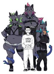1boy 3girls animal_ears black_choker black_thighhighs boots breasts choker dark-skinned_female dark_skin dog_ears dog_girl eating food full_body furry furry_female gradient_hair height_difference holding holding_food large_breasts multicolored_hair multiple_girls original red_eyes siblings sisters size_difference smile snake_head_tail tail teko_(tawake) thigh_strap thighhighs white_background