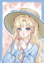 1girl absurdres blonde_hair blue_border blue_dress blue_eyes border braid brown_hat cherry_blossoms day dress eyelashes flower hat heart heart_in_eye highres holding holding_flower infinity_nikki lace lace-trimmed_dress lace-trimmed_shirt lace_trim light_blush lipstick long_hair long_sleeves looking_at_flowers makeup neck_ribbon nikki_(series) outdoors outline outside_border parted_bangs parted_lips pink_flower pink_lips pink_ribbon puffy_long_sleeves puffy_sleeves ribbon shirt shirt_under_dress shixililila side_braid signature solo spring_(season) straw_hat sun_hat symbol_in_eye teeth tree twin_braids upper_body very_long_hair white_background white_outline white_shirt