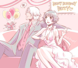 Rule 34 | 1boy, 1girl, allie (united f), artist name, bag, balloon, beard stubble, black hair, black jacket, black pants, couch, dante (devil may cry), devil may cry (series), devil may cry 5, dress, facial hair, green eyes, handbag, happy birthday, heterochromia, jacket, lady (devil may cry), necktie, on couch, pants, red eyes, red necktie, sitting, stubble, white dress, white hair