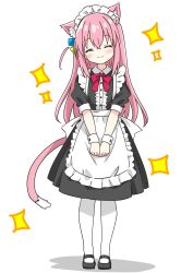 Rule 34 | 1girl, ^ ^, alternate costume, animal ear fluff, animal ears, apron, black dress, black shoes, blush, bocchi the rock!, buttoned cuffs, buttons, cat ears, cat girl, cat tail, closed eyes, closed mouth, commentary, cube hair ornament, dress, enmaided, frilled apron, frills, full body, gotoh hitori, hair ornament, head tilt, highres, kemonomimi mode, kotatsu-mazoku, long hair, maid, maid apron, maid headdress, mary janes, neck ribbon, own hands together, pantyhose, pink hair, puffy short sleeves, puffy sleeves, red ribbon, ribbon, shoes, short sleeves, simple background, smile, solo, sparkle, standing, straight-on, tail, v arms, waist apron, white apron, white background, white pantyhose, wrist cuffs
