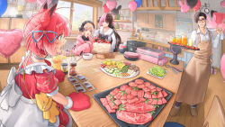 Rule 34 | 1boy, 3girls, absurdres, ahoge, akami karubi, animal ears, apron, balloon, blonde hair, blue eyes, blue ribbon, blush, bow, brown apron, brown bow, brown eyes, brown hair, cake, chair, choker, closed mouth, clutch fi, coat, collared shirt, commentary request, crazy raccoon, cup, drinking glass, drinking straw, fang, food, glasses, gloves, grey choker, grin, hair bow, hair ribbon, heart, highres, holding, holding tray, indoors, long hair, long sleeves, makaino ririmu, makaino ririmu (5th costume), maousoshi, medium hair, mole, mole under mouth, multicolored hair, multiple girls, nijisanji, open mouth, pink bow, pink coat, pink eyes, pink hair, plate, raw meat, red gloves, red hair, red shirt, ribbon, shirt, short hair, short sleeves, skin fang, slippers, smile, split-color hair, streaked hair, table, tachibana hinano, tachibana hinano (1st costume), tray, trophy, two-tone hair, vegetable, virtual youtuber, vspo!, white apron, white bow, white shirt, window, zeta division