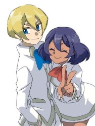 Rule 34 | 1boy, 1girl, bad id, bad pixiv id, blonde hair, blue eyes, blue neckerchief, closed eyes, dark-skinned female, dark skin, dexio (pokemon), hand in pocket, hk (nt), looking at viewer, neckerchief, nintendo, pokemon, pokemon xy, purple hair, red neckerchief, sina (pokemon), smile, v