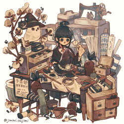 ! 1girl ahoge ahoge_girl_(jimini_shijimi) aqua_eyes aqua_hair artist_name ass bandaid bird black_robe blush_stickers book bookshelf bottomless box chair chest_of_drawers collared_shirt commentary_request fabric fantasy hat highres holding holding_sewing_needle holding_witch_hat jimini_shijimi knitting knitting_needle long_sleeves looking_at_object neckerchief needle no_pupils open_mouth orange_neckerchief original owl paper pentagram pin pincushion plant potted_plant robe ruler scissors sewing_kit sewing_machine sewing_needle shirt short_hair sidelocks sign simple_background sitting smile soil solo spoken_exclamation_mark spool stitching tape thread tree white_background white_shirt witch witch_hat yarn yarn_ball