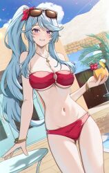 Rule 34 | 1girl, absurdres, aqua hair, bare shoulders, bikini, blue sky, blush, bracelet, breasts, building, cleavage, cloud, collarbone, commentary, cup, day, drinking glass, drinking straw, dutch angle, epsilon (kage no jitsuryokusha ni naritakute!), eyewear on head, flower, food, fruit, gluteal fold, gold bracelet, gold necklace, hand up, hibiscus, highres, holding, holding cup, jewelry, juice, kage no jitsuryokusha ni naritakute!, large breasts, lemon, lemon slice, light particles, long hair, looking at viewer, matsumoto yuu, navel, necklace, outdoors, parted lips, plant, ponytail, pool, poolside, purple eyes, red bikini, red flower, round table, sidelocks, sky, smile, solo, standing, stomach, sunglasses, sunlight, swept bangs, swimsuit, table, thighs, tile floor, tiles, tinted eyewear, underboob, very long hair, wine glass