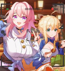2girls absurdres ahoge artoria_pendragon_(fate) blonde_hair blue_dress breasts chopsticks cleavage commentary_request dress eating fate/stay_night fate/unlimited_blade_works fate_(series) green_eyes highres holding holding_chopsticks holding_spoon honkai:_star_rail honkai_(series) indoors large_breasts march_7th_(honkai:_star_rail) march_7th_(preservation)_(honkai:_star_rail) medium_breasts medium_hair multicolored_eyes multiple_girls official_alternate_costume pengzlp pink_hair restaurant saber_(fate) saber_(honkai:_star_rail)_(fate) selfie shirt short_hair spoon two-tone_eyes viewfinder white_shirt