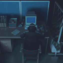 1other adidas black_jacket cabinet cable campbell&#039;s canned_soup chair computer computer_mouse crt dark desk drawer headphones highres hood hood_up jacket monitor plant simon_stalenhag terminal the_labyrinth track_suit trellis