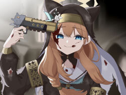 1girl absurdres aiming animal_ears blood blood_on_clothes blood_on_face blue_archive blue_eyes blue_neckerchief blurry blurry_background braid church closed_mouth coif desert_eagle flower gun habit hair_between_eyes halo handgun hat hat_flower highres holding holding_gun holding_weapon konbanwa214 long_hair long_sleeves looking_at_viewer mari_(blue_archive) neckerchief nun orange_hair pointing_gun_at_head rail_(weapon) sailor_collar single_braid smile solo torn_clothes upper_body weapon white_sailor_collar yellow_halo