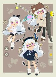 +++ 1girl :3 :d absurdres bandaid bandaid_on_cheek bandaid_on_face black-framed_eyewear black_bow black_hat black_pantyhose black_shoes black_skirt blunt_bangs blush_stickers boots bow brown_background brown_boots brown_hat butterfly_net chibi chibi_only commentary copyright_request crown demon_tail dot_nose earclip eel english_commentary fishing_rod fur-trimmed_boots fur_trim glasses gyaru_v hair_bow hand_net hat highres holding holding_fishing_rod long_hair loose_socks multiple_views open_mouth original outline pantyhose pink_eyes porforever round_eyewear shoes simple_background skirt smile socks sparkle tail v very_long_hair white_hair white_outline