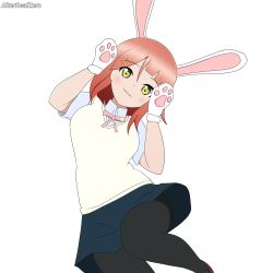 1girl absurdres alter_real_zero animal_ears animal_gloves aqua_shirt artist_name artist_request bare_legs black_skirt blue_skirt blush bow bowtie breasts checkered_clothes checkered_skirt collared_shirt female_focus green_eyes grey_legwear hair_bun hair_ornament hairclip highres looking_at_viewer love_live! love_live!_nijigasaki_high_school_idol_club miniskirt neck_ribbon nijigasaki_school_uniform orange_hair parted_lips pink_neckwear plaid_clothes plaid_skirt pleated pleated_skirt rabbit_ears rabbit_paws red_hair red_neckwear ribbon school_uniform shirt short_hair side_bun single_hair_bun skirt small_breasts smile solo sweater sweater_vest uehara_ayumu vest white_background white_legwear white_shirt yellow_eyes yellow_vest