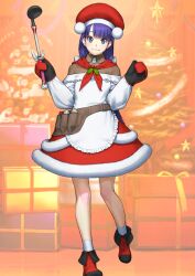 1girl apron bandana bandana_around_neck belt belt_pouch blue_brooch blue_eyes blush boots bow breasts brown_belt brown_shirt chef_hat christmas christmas_tree closed_mouth collared_shirt fate/grand_order fate_(series) fur-trimmed_skirt fur_trim game_cg hair_bow hands_up hat high_collar holding holding_ladle holly knee_blush ladle leg_up long_hair long_sleeves looking_at_viewer low-tied_long_hair martha_(fate) martha_(santa)_(fate) miniskirt off-shoulder_shirt off_shoulder official_art orange_background oven_mitts parted_bangs pom_pom_(clothes) pouch puffy_long_sleeves puffy_sleeves purple_hair red_bandana red_boots red_hat red_skirt sakamoto_mineji santa_costume shirt shirt_under_shirt skirt smile socks solo third-party_source white_apron white_bow white_shirt white_socks wing_collar