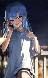 Rule 34 | 1girl, :d, alternate costume, aqua hair, black shorts, blue eyes, blue hair, blurry, blurry background, blush, cellphone, colored inner hair, commentary request, cowboy shot, dolphin shorts, double-parted bangs, hair between eyes, hands up, highres, holding, holding phone, hololive, hoshimachi suisei, kito koruta, long hair, multicolored hair, night, night sky, open mouth, outdoors, oversized clothes, oversized shirt, phone, sakura miko, shirt, short shorts, short sleeves, shorts, single sidelock, sky, smartphone, smile, solo, star (symbol), star in eye, symbol in eye, t-shirt, teeth, twirling hair, upper teeth only, virtual youtuber, white shirt