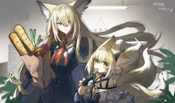 2girls absurdres animal_ears arknights bag baguette baiyuyi bare_shoulders black_coat black_gloves black_jacket blonde_hair blue_hairband blush bread candy ceiling_light chinese_commentary closed_mouth coat coat_on_shoulders collared_shirt commentary_request dated facial_scar food frills gloves green_eyes groceries hair_between_eyes hair_over_one_eye hair_rings hairband highres holding holding_bag holding_candy holding_food holding_lollipop indoors jacket lollipop long_hair looking_at_viewer material_growth mother_and_daughter multicolored_hair multiple_girls multiple_tails necktie o-ring orange_necktie oripathy_lesion_(arknights) paper_bag scar scar_on_cheek scar_on_face shirt short_hair smile spring_onion streaked_hair suzuran_(arknights) tail tassel very_long_hair vulpisfoglia_(arknights) white_hair white_shirt white_tail yellow_eyes yellow_tail