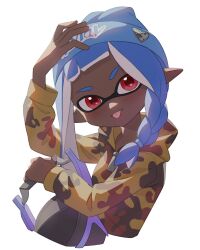 1girl :p beanie blue_hair blue_hat braid commentary dark-skinned_female dark_skin gakusei_noa hashtag-only_commentary hat highres holding holding_weapon inkling inkling_girl inkling_player_character long_hair nintendo pointy_ears print_hat red_eyes simple_background single_braid slosher_(splatoon) solo splatoon_(series) splatoon_3 tentacle_hair tongue tongue_out very_dark_skin weapon white_background