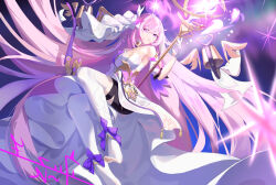 1girl absurdly_long_hair absurdres adapted_costume bell black_shorts breasts commentary_request diamond-shaped_pupils diamond_(shape) dress elysia_(herrscher_of_human:_ego)_(honkai_impact) elysia_(honkai_impact) highres holding holding_staff honkai_(series) honkai_impact_3rd large_breasts long_hair no_shoes pink_hair purple_eyes purple_sky shorts sky solo staff symbol-shaped_pupils thighhighs toes user_kkaj7538 veil very_long_hair white_dress white_thighhighs white_veil
