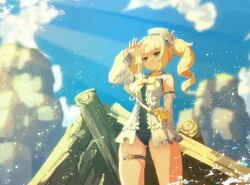 1girl aduare animated arm_behind_back arm_up bag barbara_(genshin_impact) barbara_(summertime_sparkle)_(genshin_impact) bare_shoulders blonde_hair blue_eyes blue_one-piece_swimsuit blue_sailor_collar bow bowtie casual_one-piece_swimsuit cowboy_shot day detached_sleeves genshin_impact hat light_rays long_sleeves looping_animation official_alternate_costume one-piece_swimsuit open_clothes outdoors pixel_art sailor_collar sailor_hat shading_eyes solo sunbeam sunlight swimsuit swimsuit_under_clothes tagme thigh_strap twintails video white_hat wind yellow_bow yellow_bowtie