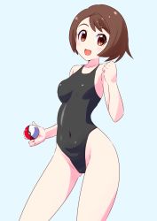 1girl absurdres bad_id bad_pixiv_id black_one-piece_swimsuit bob_cut brown_eyes brown_hair commentary_request commission competition_swimsuit contrapposto cowboy_shot fumiki_rikiya gloria_(pokemon) grey_background highleg highleg_one-piece_swimsuit highres holding looking_at_viewer nintendo one-piece_swimsuit poke_ball pokemon pokemon_swsh short_hair simple_background smile solo standing swimsuit