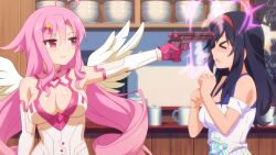 &gt;_&lt; 2girls ahoge aiming antenna_hair black_hair bodysuit cafe cupid curtained_hair firing game_cg gloves gun hairband handgun lilim_(sakura_cupid) mitsuki_(sakura_cupid) multiple_girls official_art pink_eyes pink_gloves pink_hair red_hairband sakura_cupid wanaca weapon