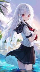 1girl artist_name beach black_sailor_collar black_skirt blue_sky blush breasts closed_mouth cloud commentary_request crossed_bangs day double-parted_bangs floating_clothes floating_hair fuji_sakura hair_between_eyes hand_on_own_chest highres long_bangs long_hair long_sidelocks looking_at_viewer looking_to_the_side medium_breasts neckerchief ocean original outdoors pleated_skirt red_eyes red_neckerchief sailor_collar school_uniform serafuku shirt short_sleeves sidelocks skirt sky smile solo standing tree turning_head very_long_hair wading white_hair white_shirt wind