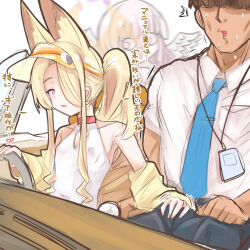 1boy 2girls ^^^ alternate_language animal_ear_fluff animal_ears armpits bare_shoulders black_pants blonde_hair blue_archive blue_necktie blush breasts brown_hair bulge car choker collar covered_erect_nipples covered_navel driving erection erection_under_clothes flat_chest fox_ears fox_girl hair_over_eyes hair_over_one_eye halo handjob handjob_over_clothes highres id_card jacket lanyard loli long_hair long_sidelocks mika_(blue_archive) mika_(swimsuit)_(blue_archive) motor_vehicle multiple_girls muscular muscular_male necktie off_shoulder official_alternate_costume one-piece_swimsuit one_eye_covered open_mouth pants pink_hair ponytail red_choker seia_(blue_archive) seia_(swimsuit)_(blue_archive) sensei_(blue_archive) shiming_liangjing shirt sidelocks simple_background small_breasts smile steering_wheel surprised sweat swimsuit translation_request visor_cap white_background white_collar white_one-piece_swimsuit white_shirt white_wings wings yellow_eyes yellow_jacket