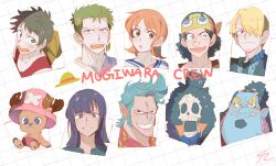 2girls 6+boys afro antlers black_hair blonde_hair blue_eyes blue_shirt blue_skin blunt_bangs brook_(one_piece) brown_eyes collared_shirt colored_skin cross curly_eyebrows earrings facial_hair franky_(one_piece) goatee green_hair hair_over_one_eye hat horns jewelry jinbe_(one_piece) long_nose looking_at_viewer monkey_d._luffy multiple_boys multiple_girls nami_(one_piece) nico_robin one_piece pink_hat pompadour reindeer_antlers roronoa_zoro sanji_(one_piece) senzzang shirt short_hair skeleton smile straw_hat straw_hat_pirates striped_clothes striped_shirt tony_tony_chopper tusks usopp vertical-striped_clothes vertical-striped_shirt