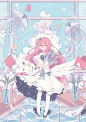 Rule 34 | 1girl, akashia (akasia313), blue archive, blue sky, bouquet, classroom, cloud, cloudy sky, dress, feathered wings, fish, flower, halo, highres, holding, holding bouquet, jellyfish, mika (blue archive), pink hair, pink halo, sky, table, tagme, water, white dress, wings, yellow eyes