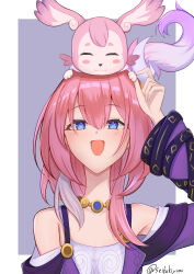 1girl :3 :d ^_^ animal animal_on_head bare_shoulders blue_eyes blush blush_stickers closed_eyes cyrene_(honkai:_star_rail) dress hair_between_eyes highres honkai:_star_rail honkai_(series) jewelry long_sleeves medium_hair mem_(honkai:_star_rail) necklace off-shoulder_dress off_shoulder on_head open_mouth pink_hair smile upper_body yamanohasuzuri
