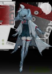 Rule 34 | 1girl, black jacket, black shorts, boots, copyright name, covered eyes, english text, full body, gloves, grey hair, highres, jacket, kikihuihui, medium hair, name tag, necktie, original, red necktie, red thighhighs, shirt, shorts, silver boots, solo, standing, thigh boots, thighhighs, thighs, twintails, white gloves, white hair, white jacket, white shirt