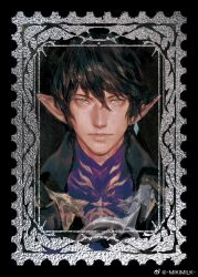 Rule 34 | 1boy, aymeric de borel, black background, black hair, black shirt, blue eyes, border, chinese commentary, closed mouth, collared shirt, commentary request, earrings, elezen, elf, final fantasy, final fantasy xiv, hair between eyes, hangleing, jewelry, long pointy ears, looking at viewer, male focus, ornate border, piercing, plant, pointy ears, shirt, short hair, single earring, solo, straight-on, vines, weibo username, wing collar