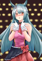 1girl absurdres alternate_costume animal_ears ascot belt blue_shirt blush bow bow_skirt braid collared_shirt commentary cowboy_shot crown_braid ear_ribbon fujimasa_march_(umamusume) gloves green_hair half-closed_eyes highres horse_girl idol layered_skirt long_hair looking_at_viewer magaasha open_mouth orange_eyes pink_shirt red_ascot red_bow shirt skirt sleeveless sleeveless_shirt solo standing straight_hair two-tone_shirt two-tone_skirt umamusume umamusume:_cinderella_gray umapyoi_densetsu white_belt white_gloves
