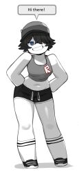 0lightsource absurdres black_hair black_shorts blue_eyes hat highres maddie_(seki) roblox shoes short_hair shorts speech_bubble sportswear