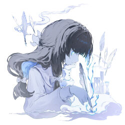 Rule 34 | 1girl, absurdres, black hair, blue eyes, bow, closed mouth, collared shirt, commentary, expressionless, from side, hair bow, highres, holding, holding quill, hourglass, lankilanki, long hair, long sleeves, looking down, original, profile, quill, shirt, smoke, solo, upper body, white background, white bow, white shirt, writing