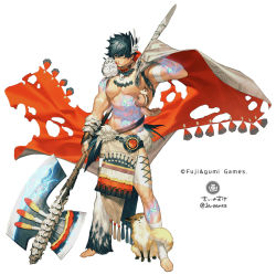 1boy abs animal animal_on_shoulder arm_tattoo axe bandages bandaged_arm bandaged_leg bandages barefoot belt bird black_eyes black_hair ta_ga_tame_no_alchemist facial_hair feathers glowing glowing_tattoo glowing_weapon hair_between_eyes holding holding_axe holding_weapon japants leg_tattoo male_focus muscular navel official_art owl scar scar_on_mouth topless_male shoulder_tattoo simple_background squirrel stomach_tattoo tattoo toenails torn torn_clothes tribal veins weapon white_background