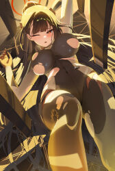 1girl absurdres black_bodysuit black_hair black_halo blue_archive blush bodysuit breasts covered_navel halo highres impossible_bodysuit impossible_clothes knee_up large_breasts long_hair looking_at_viewer lying manda_(luts7602) mixed-language_commentary multicolored_bodysuit official_alternate_costume official_alternate_hairstyle on_back one_eye_closed open_mouth ponytail red_eyes rio_(blue_archive) rio_(bodysuit)_(blue_archive) skin_tight skindentation solo thighs torn_bodysuit torn_clothes very_long_hair