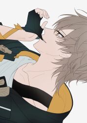 1boy absurdres arm_ribbon black_gloves black_jacket caelus_(honkai:_star_rail) collarbone fingerless_gloves fingernails gloves grey_hair grey_shirt hair_between_eyes hand_up highres honkai:_star_rail honkai_(series) hood hooded_jacket jacket looking_to_the_side male_focus open_clothes open_jacket ribbon rio shirt short_hair simple_background smile solo t-shirt teeth trailblazer_(honkai:_star_rail) two-sided_fabric two-sided_jacket upper_body white_background yellow_eyes yellow_jacket yellow_ribbon