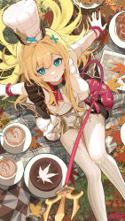 1girl absurdres ai_dongdong apron breasts chef chef_hat closed_mouth cowlick escoffier_(genshin_impact) food fork_hair_ornament from_above genshin_impact hat heart heart_in_eye highres indoors long_hair looking_at_viewer sitting solo symbol_in_eye tail thighhighs white_apron white_hat white_thighhighs