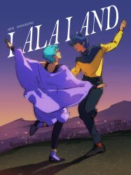 1boy 1girl aqua_hair black_leggings black_pants black_tank_top blue_eyes blue_hair city commentary dancing dress english_commentary four_murasame gundam hebi86070749 highres kamille_bidan leggings long_sleeves night night_sky pants purple_dress short_hair sky skyline smile tank_top zeta_gundam