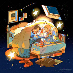 Rule 34 | 1boy, 1girl, angel wings, backpack, bag, blonde hair, book, commentary request, highres, holding, holding book, holding pencil, long sleeves, night, night sky, noi pulaco, on bed, open book, original, pajamas, pencil, plaid clothes, plaid pajamas, red slippers, rocket, shirt, sitting, sky, slippers, star (symbol), under covers, unworn backpack, unworn bag, unworn slippers, watermark, white shirt, white wings, wings