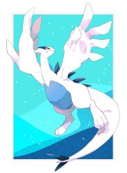 bokubo border closed_mouth commentary_request creatures_(company) full_body game_freak gen_2_pokemon highres legendary_pokemon looking_back lugia nintendo no_humans outside_border pokemon pokemon_(creature) pokemon_focus red_eyes solo spikes toes white_border