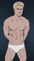 Rule 34 | 1boy, abs, blonde hair, brown eyes, highres, male focus, muscular, muscular male, nipples, reiner braun, sexyanimes, shingeki no kyojin, standing, underwear