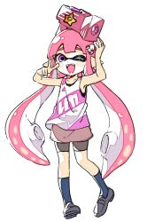 Rule 34 | 1girl, ;d, ankle socks, arm up, armpits, bare arms, black shorts, blue socks, blunt bangs, brown skirt, double-parted bangs, full body, hair ornament, hand up, happy, highres, inkling, inkling girl, inkling player character, letter hair ornament, long hair, looking at viewer, nintendo, object on head, one eye closed, open mouth, pink eyes, pink hair, pointy ears, purple tank top, sen squid, shorts, shorts under skirt, simple background, skirt, smile, socks, solo, splatoon (series), splattershot jr. (splatoon), striped tank top, tank top, third-party source, two-tone tank top, v, very long hair, watercolor effect, weapon, white background, white tank top